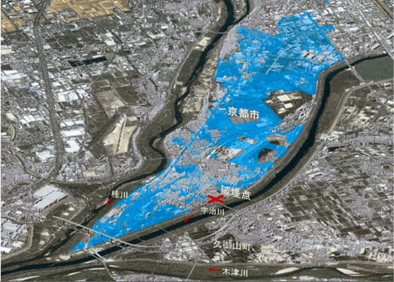 京都府 京都市　
リアルタイム洪水氾濫・浸水シミュレーションシステムの開発イメージ