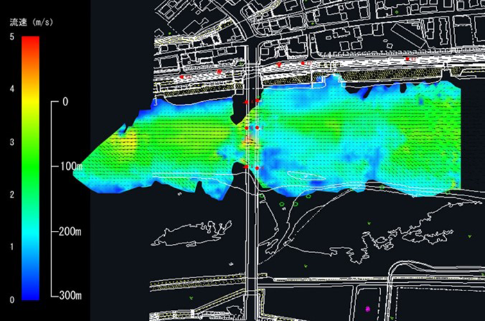 分割して計測した水面の流速分布を合成し、二次元流速分布を可視化